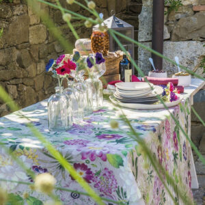 La Vie en Rose floral linen tablecloth set for outdoor dining