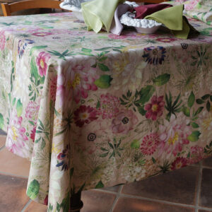 Close-up of the La Vie en Rose floral linen tablecloth fabric