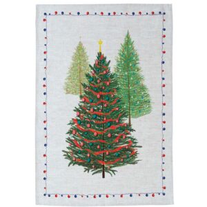 Fairy Tree Christmas linen tea towel with three decorated Christmas trees and a red and blue ornamental border.