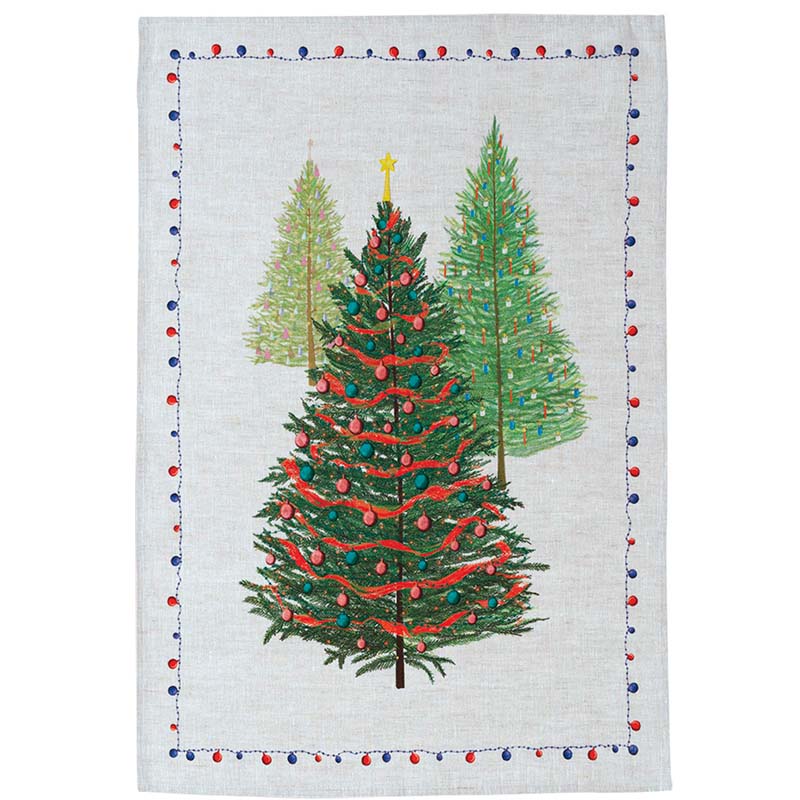 strofinaccio Fairy Tree - La Bottega di Casa Strofinaccio natalizio in lino Fairy Tree con tre alberi di Natale e cornice decorata in rosso e blu.