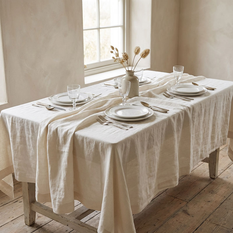 tovaglia-stone-washed-panna-la-bottega-di-casa Tovaglia in lino color panna Vintage apparecchiata con piatti bianchi, posate e bicchieri di cristallo, in una stanza luminosa con vaso di fiori secchi