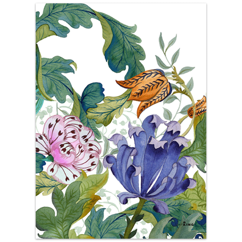 Morris 2 Linen Tea Towel-la-bottega-di-casa Morris 2 linen tea towel with a large blue and purple bloom, a pink flower, green leaves and orange details on a white background.