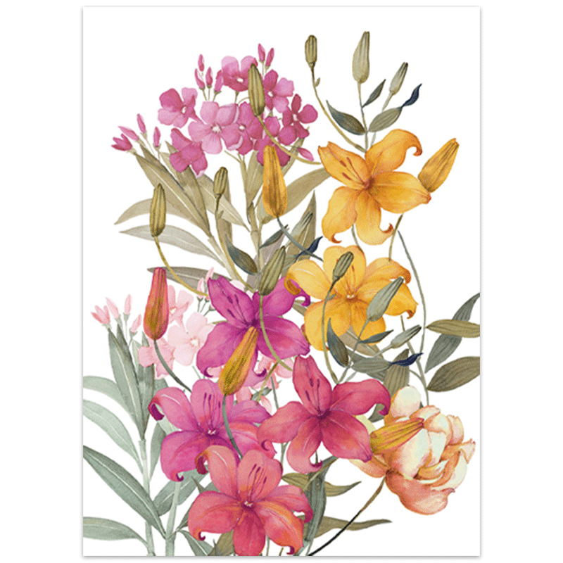 Oleandro 2 Linen Tea Towel-la-bottega-di-casa Oleandro 2 linen tea towel with large yellow, fuchsia and coral blooms, small pink flowers and green leaves on a white background.