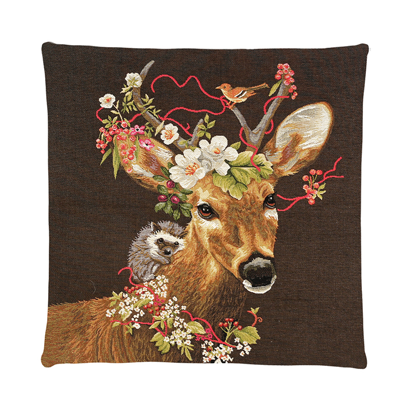 CUSCINO-CERVO-1-MARRONE-LA-BOTTEGA-DI-CASA Cushion with an image of a deer adorned with flowers