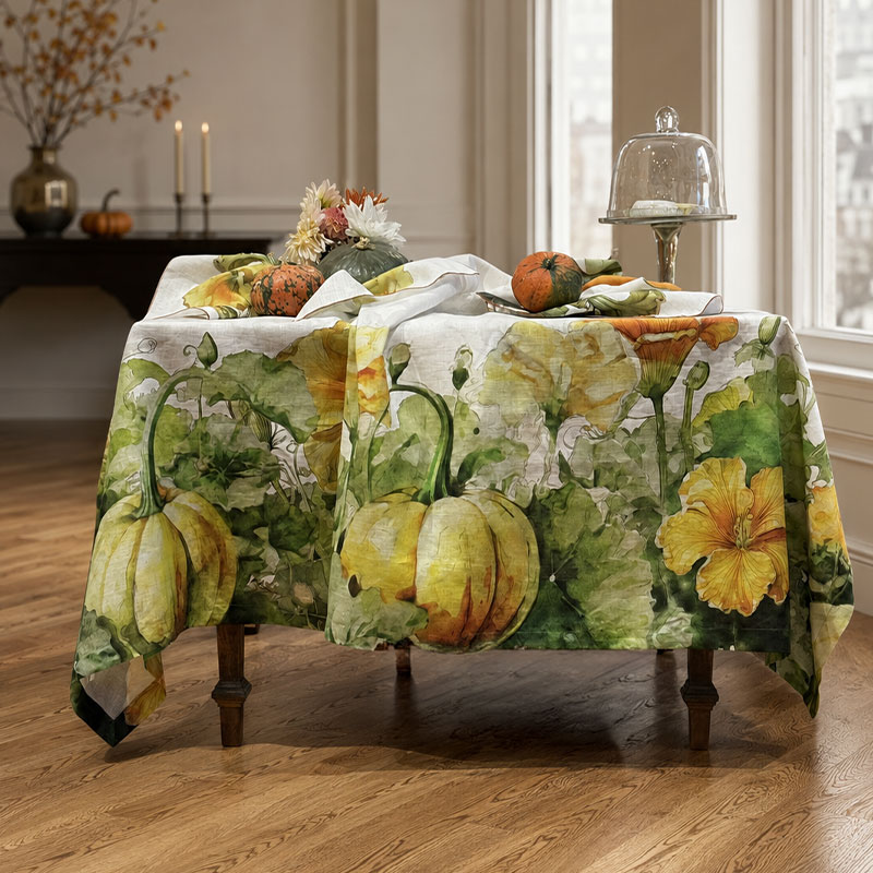 pumpkin-flowers-luxury-linen-tablecloth-la-bottega-di-casa Tovaglia in lino Fiori di Zucca su tavolo in sala da pranzo elegante con zucche vere, dalie e alzata in vetro — zucche gialle e fiori arancio in acquerello sulla caduta