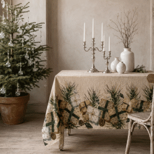 Tovaglia natalizia con pacchi regalo e rami di pino, accanto a un albero di Natale decorato con cristalli – La Bottega di Casa.