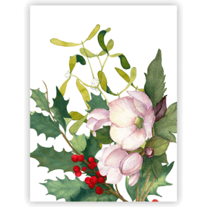 Helleborus 1 pure linen tea towel with pink flowers, green foliage and red berries