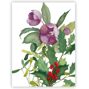 Helleborus 2 pure linen tea towel with purple hellebore flowers, green foliage and red berries