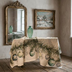 Linen Christmas tablecloth with green and gold baubles displayed in an elegant period interior
