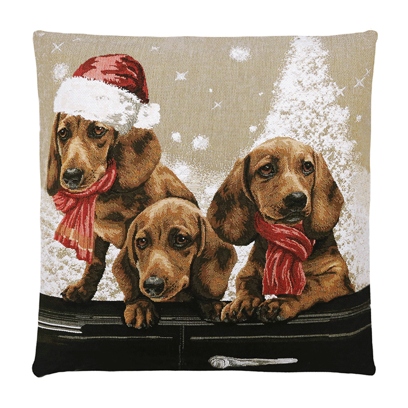CUSCINO-CANI-NATALIZI-LA-BOTTEGA-DI-CASA cuscino con cani con berretti natalizi