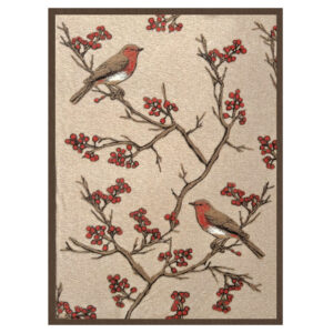 Plaid Pettirosso disteso, con due pettirossi tra rami e bacche rosse su fondo beige, incorniciato da un bordo marrone.