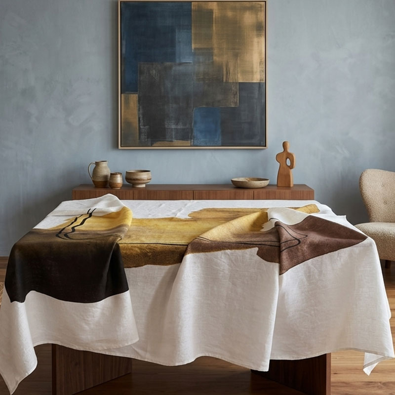 tovaglia-astratto-giallo2-la-bottega-di-casa Tovaglia in lino Abstract variante Giallo AB apparecchiata su un tavolo, con fascia di colore giallo ocra e marrone e segni a inchiostro scuri