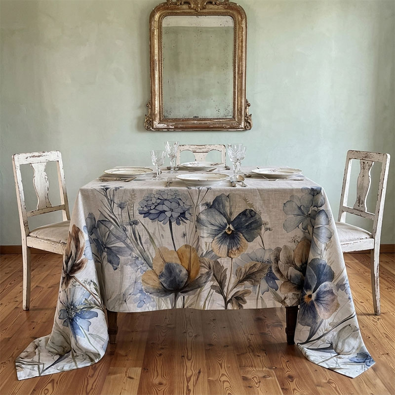 Pansée linen tablecloth with delicate floral print on a dining table Pansée linen tablecloth with delicate floral print on a dining table