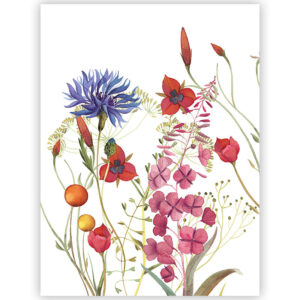 Fiordaliso 1 linen tea towel with a large blue-violet flower, red and pink blooms and green stems on a light background.
