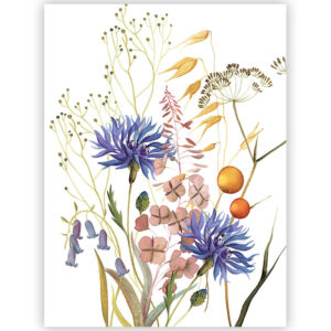 Fiordaliso 2 linen tea towel with two blue-violet flowers, blush-pink blossoms, golden leaves and slender green stems on a light background.
