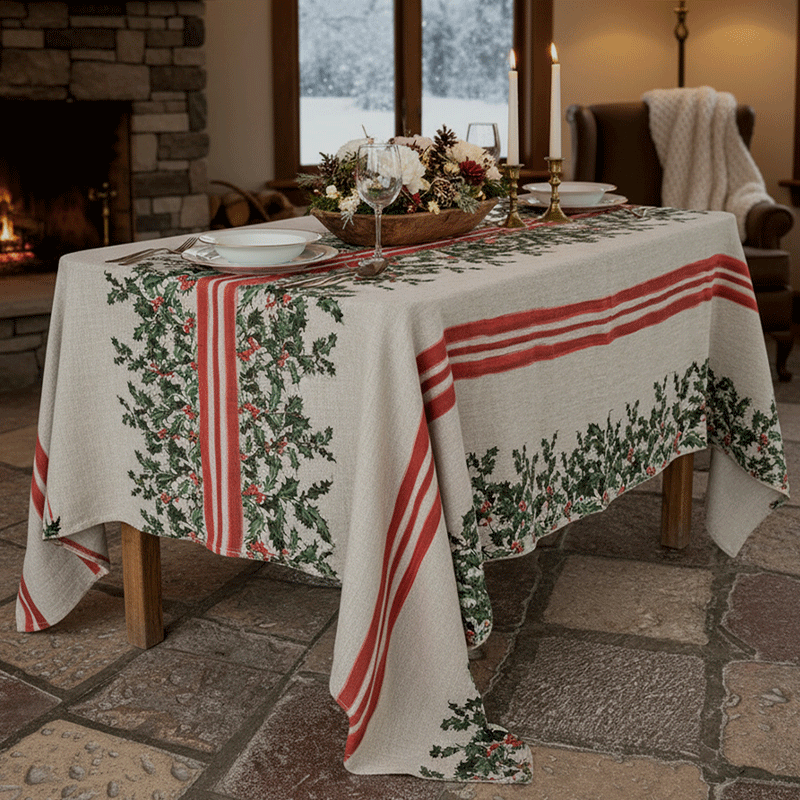 Acer Hemp and Linen Christmas Tablecloth-La-Bottega-di-Casa Acer hemp and linen Christmas tablecloth with holly and red stripes on a festive table by the fireplace