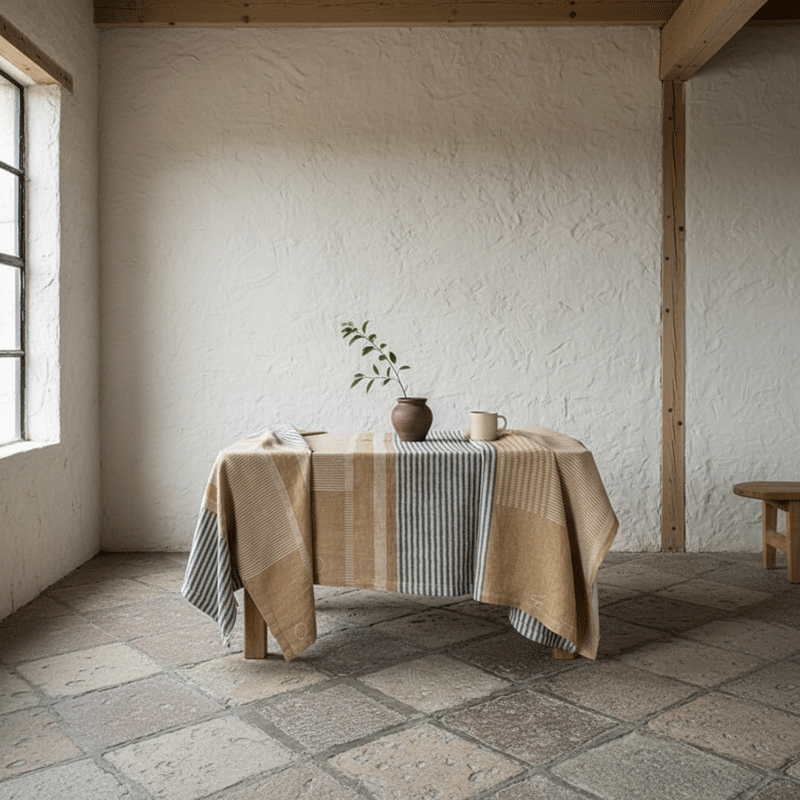 Tablecloth OttiBerger 2-la-bottega-di-casa Clay OttiBerger 2 tablecloth set on a small table, with a ceramic mug and a vase with an olive branch, against a plastered wall