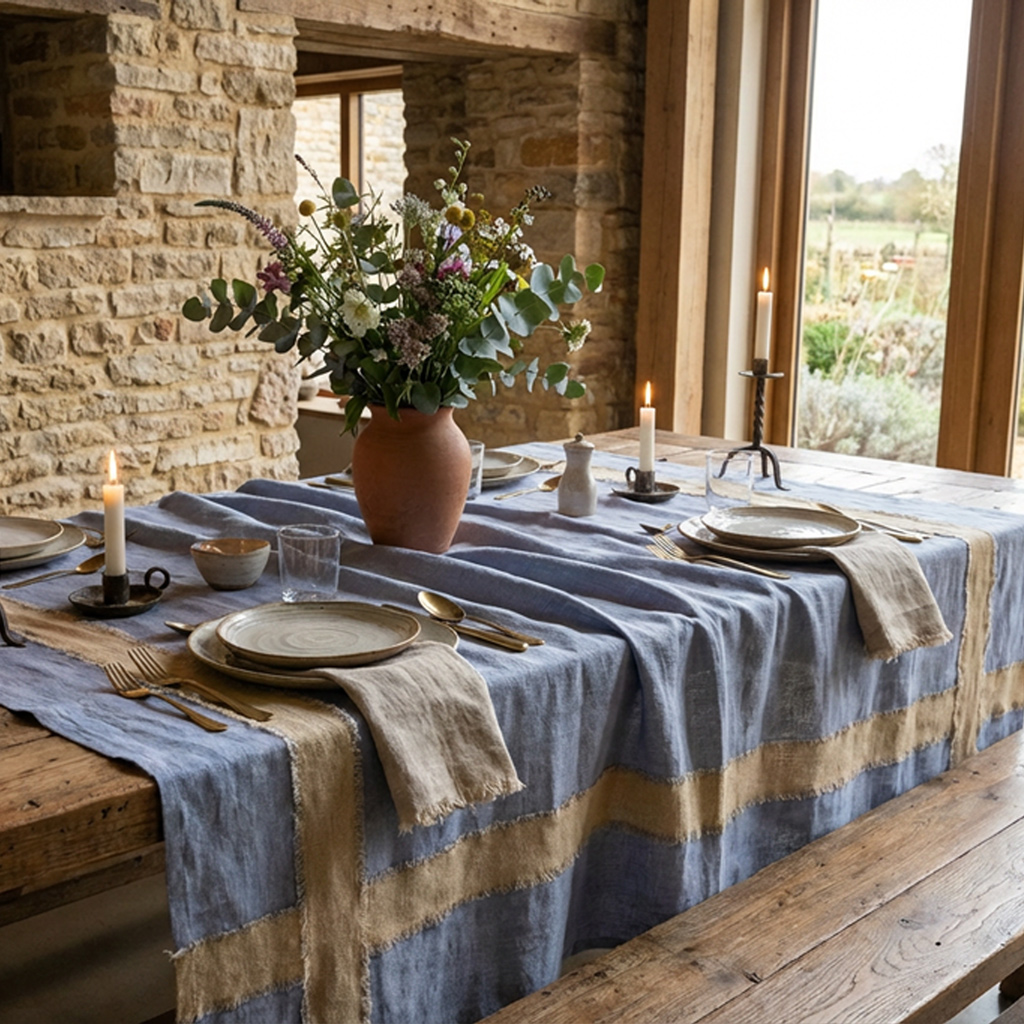tovaglia lino lavato diana azzurro - la bottega di casa Tovaglia Diana in lino lavato azzurro con fasce oro, su tavolo apparecchiato con ceramiche, candele e fiori.