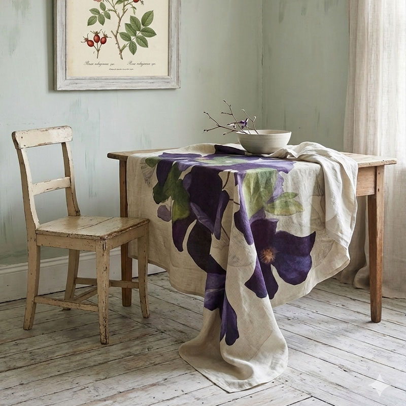 Clematide P Linen Tablecloth-la-bottega-di-casa Square Linen Tablecloth with Clematis Print