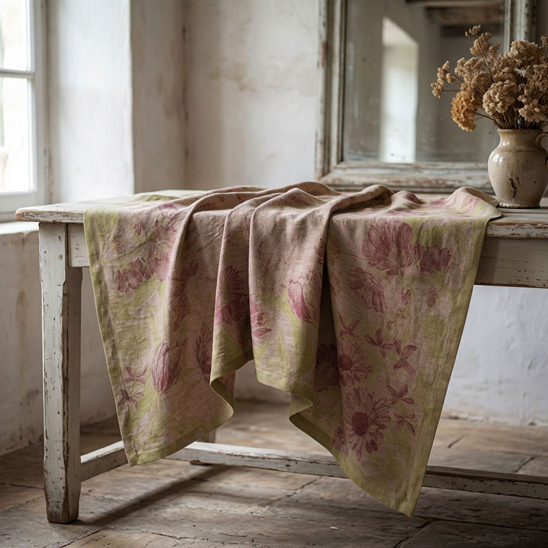 tovaglia-di-lino-primavera-5--la-bottega-di-casa Tovaglia in lino jacquard Primavera con fiori rosa e verdi drappeggiata su una consolle in legno anticato