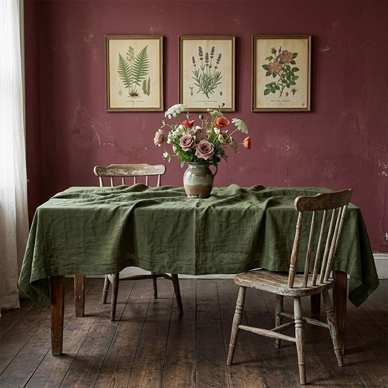 tovaglia-lino-vintage-verde-militare-la-bottega-di-casa Tovaglia in lino stonewashed verde militare su tavolo rustico con fiori di campo e parete bordeaux