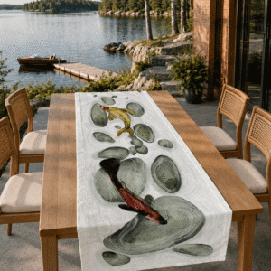 Runner Carpe in mistolino jacquard disposto su un tavolo di legno in una terrazza affacciata sul lago.