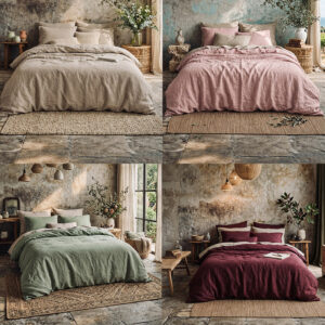 Copripiumini in lino stone washed nei colori Sand, Old Rose, Frosty Green e Barolo