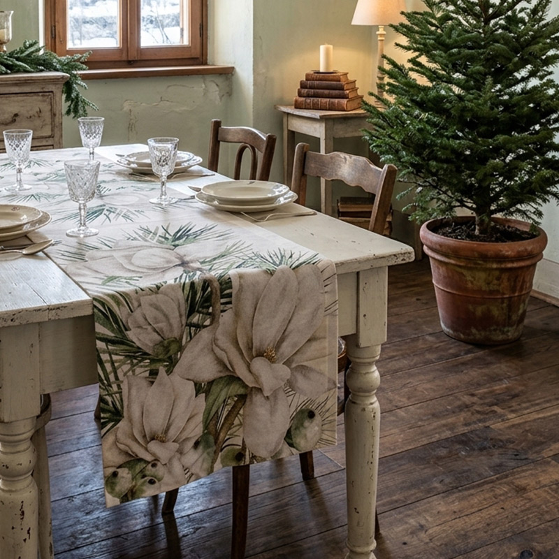 runner-da-tavola-magnolia-bianca-4-La-Bottega-di-casa Runner Magnolia con fiori bianchi su un tavolo chiaro apparecchiato, accanto a un pino senza decorazioni in vaso di terracotta.